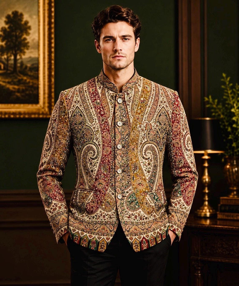 Mens Kani Jamawar Jodhpuri style Jacket, Woven Paisley . US sizes 38-44 - Size 40
