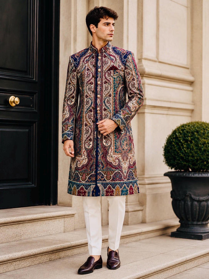 Mens Kani Jamawar Jodhpuri style sherwani - Indo western Jacket, Woven Paisley size 40,44 - Size 44