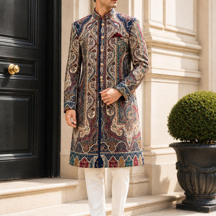 Mens Kani Jamawar Jodhpuri style sherwani - Indo western Jacket, Woven Paisley size 40,44