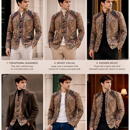 Mens Kani kalamkari Jamawar Jodhpuri style Jacket, Woven Paisley