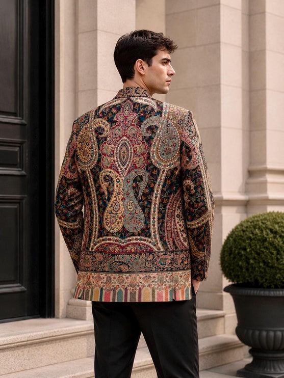 Mens Kani kalamkari Jamawar Jodhpuri style Jacket, Woven Paisley