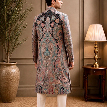 Mens Kani Jamawar Jodhpuri style sherwani - Indo western Jacket, embroidered Paisley size 42,46