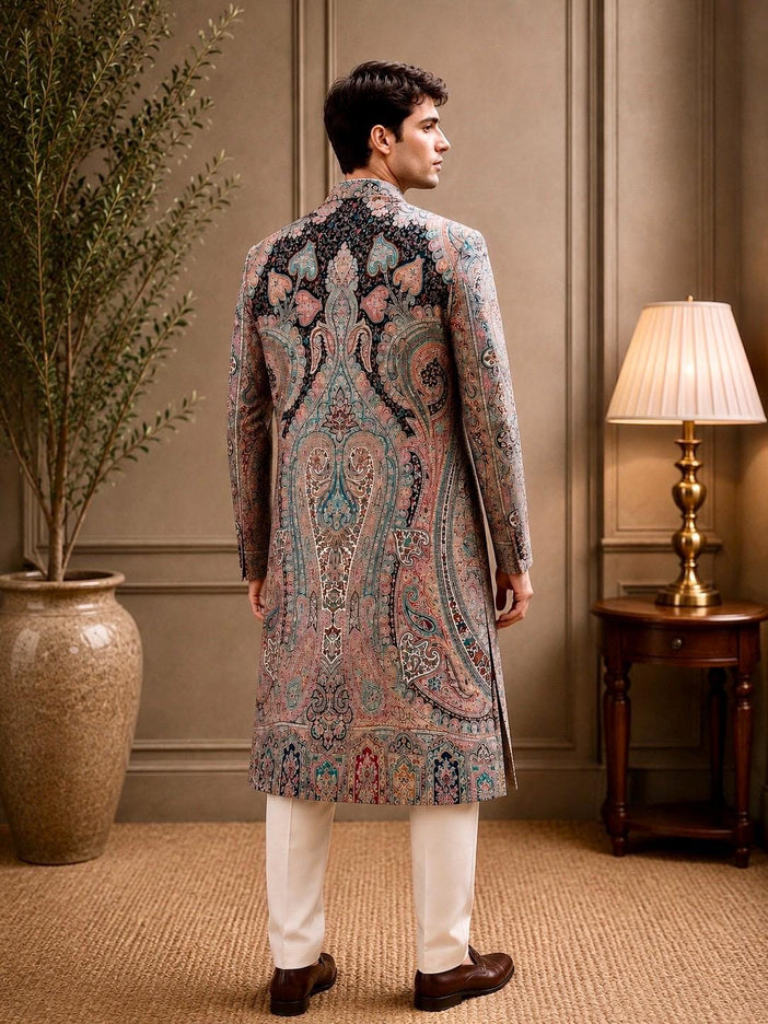 Mens Kani Jamawar Jodhpuri style sherwani - Indo western Jacket, embroidered Paisley size 42,46