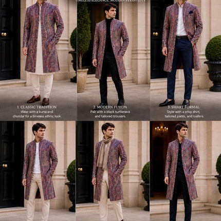 Mens Kani Jamawar Jodhpuri style sherwani - Indo western Jacket, Woven Paisley size 38,40