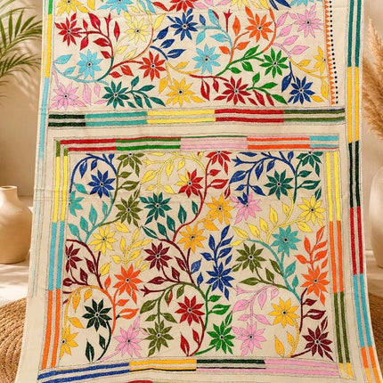 SILK MARK CERTIFIED Handloom l Hand Stitched Kantha Saree |  Tussar Silk l Multi Thread Kantha stitc