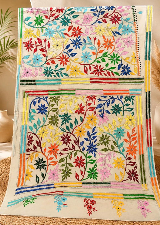 SILK MARK CERTIFIED Handloom l Hand Stitched Kantha Saree |  Tussar Silk l Multi Thread Kantha stitc