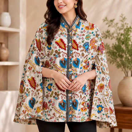 Cape style Kashmiri Kalamkari Jacket l Size-42 l  All season Cape l - Red-Multi