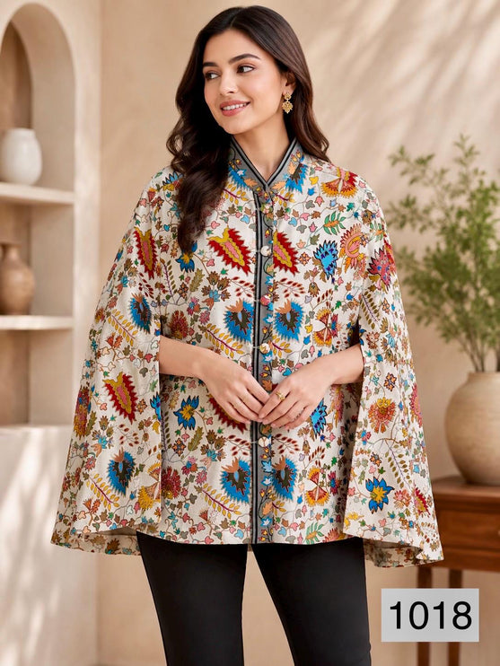 Cape style Kashmiri Kalamkari Jacket l Size-42 l  All season Cape l - Red-Multi