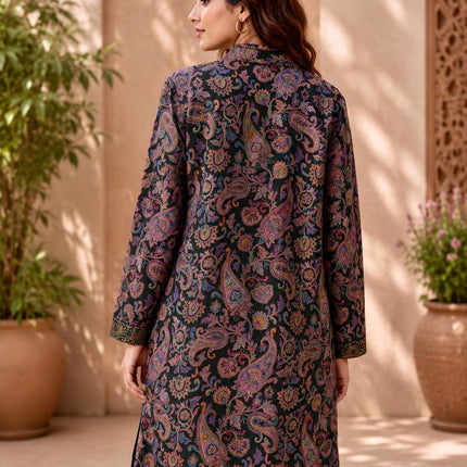 Long Jamawar Kani Work Jacket | Bottle Green and White | Kani work | Size XXL