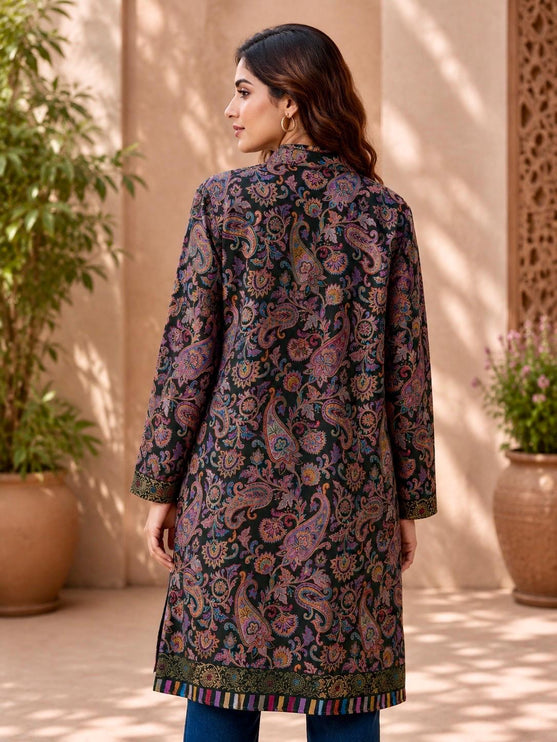 Long Jamawar Kani Work Jacket | Bottle Green and White | Kani work | Size XXL