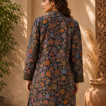 Long Jamawar Kani Work Jacket | Bottle Green and White | Kani work | Size XXL