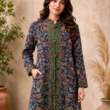 Long Jamawar Kani Work Jacket | Bottle Green and White | Kani work | Size XXL