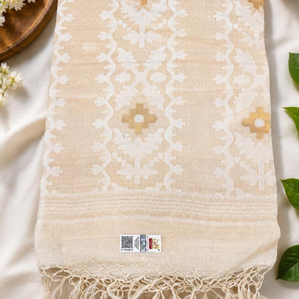SILK MARK CERTIFIED Handloom l Jamdani Saree |  Tussar Silk  | - Ivory