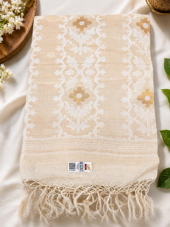SILK MARK CERTIFIED Handloom l Jamdani Saree |  Tussar Silk  | - Ivory