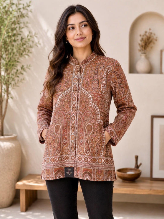 Kani Pashmina Jamawar Jacket, Women's Woven Paisley short Coat