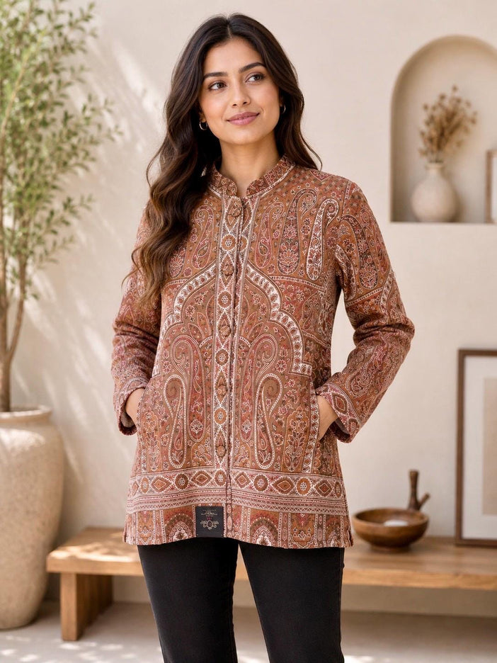 Kani Pashmina Jamawar Jacket, Women's Woven Paisley short Coat
