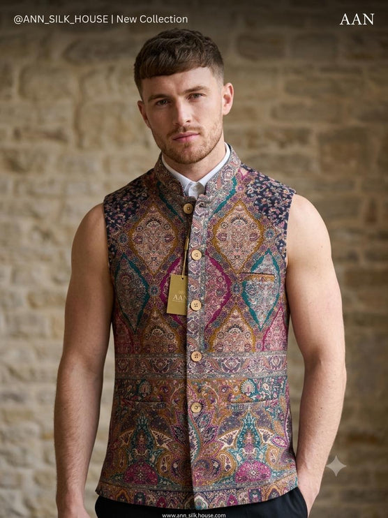 Kani Jamawar  MENS waistcoats, structured fit | Statement fashion wear| JKMW-502 Rangkat - S