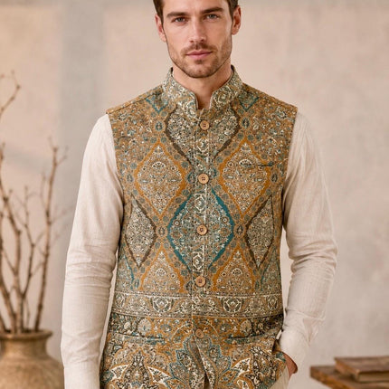 Kani Jamawar  MENS waistcoats, structured fit | Statement fashion wear| JKMW-502 Rangkat - S