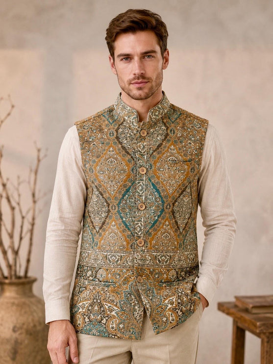 Kani Jamawar  MENS waistcoats, structured fit | Statement fashion wear| JKMW-502 Rangkat - S