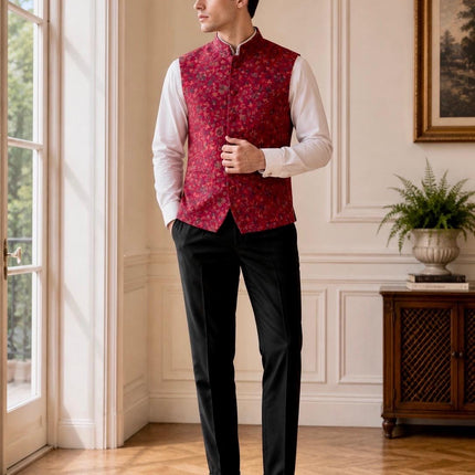 Kani Jamawar Men's Woven Waistcoat, Structured Slim Fit, Red Kalamkari Statement Fashion Wear