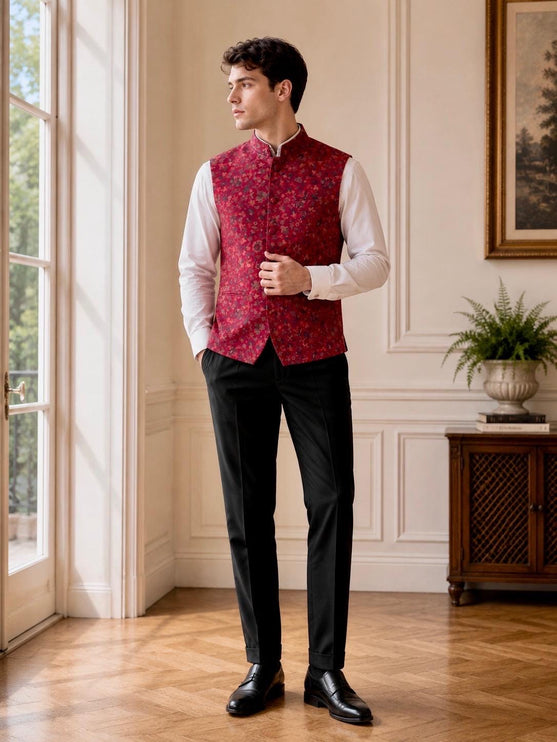 Kani Jamawar Men's Woven Waistcoat, Structured Slim Fit, Red Kalamkari Statement Fashion Wear