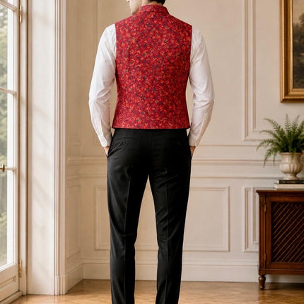 Kani Jamawar Men's Woven Waistcoat, Structured Slim Fit, Red Kalamkari Statement Fashion Wear