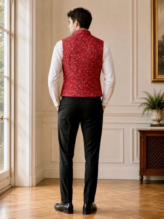Kani Jamawar Men's Woven Waistcoat, Structured Slim Fit, Red Kalamkari Statement Fashion Wear