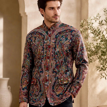 Mens Kani Pashmina Jamawar Jodhpuri style Jacket, Woven Paisley