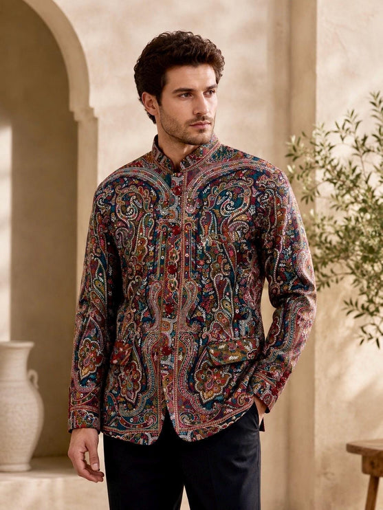 Mens Kani Pashmina Jamawar Jodhpuri style Jacket, Woven Paisley