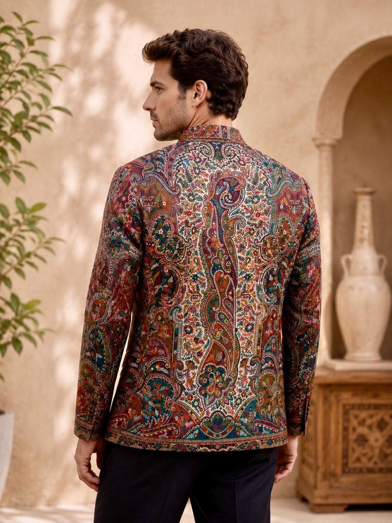 Mens Kani Pashmina Jamawar Jodhpuri style Jacket, Woven Paisley