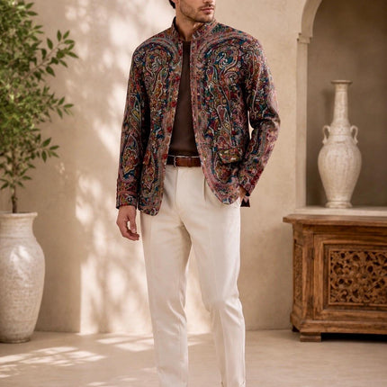 Mens Kani Pashmina Jamawar Jodhpuri style Jacket, Woven Paisley