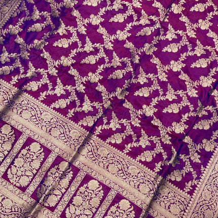 Banarasi Katan Silk Saree – SILK MARK CERTIFIED I Handloom I Magenta l Light Gold Zari