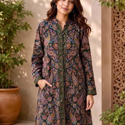 Long Jamawar Kani Work Jacket | Bottle Green and White | Kani work | Size XXL - Design-1