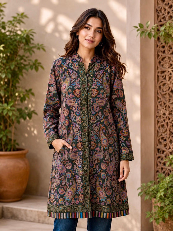 Long Jamawar Kani Work Jacket | Bottle Green and White | Kani work | Size XXL - Design-1