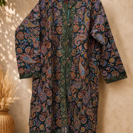 Long Jamawar Kani Work Jacket | Bottle Green and White | Kani work | Size XXL