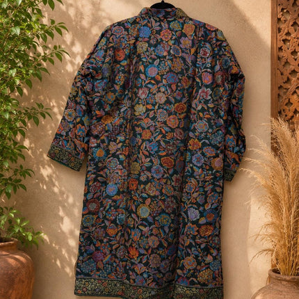 Long Jamawar Kani Work Jacket | Bottle Green and White | Kani work | Size XXL