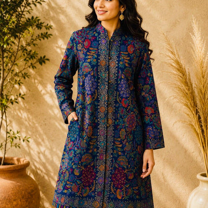 Long Jamawar Kani Work Jacket   | Kani work | Size-42 - Royal Blue- Multi