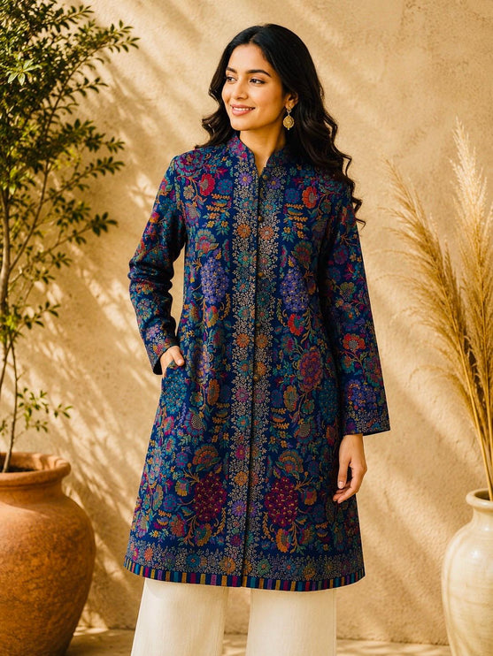 Long Jamawar Kani Work Jacket   | Kani work | Size-42 - Royal Blue- Multi