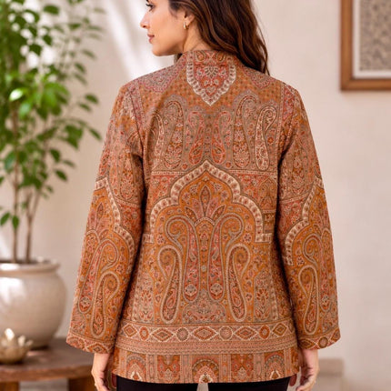 Kani Pashmina Jamawar Jacket, Women's Woven Paisley short Coat - Rust-Size-43