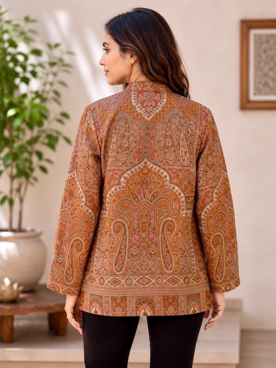 Kani Pashmina Jamawar Jacket, Women's Woven Paisley short Coat - Rust-Size-43