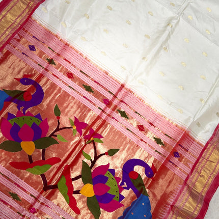 Handwoven Paithani Silk Saree | Ivory Pearl with Red   Border