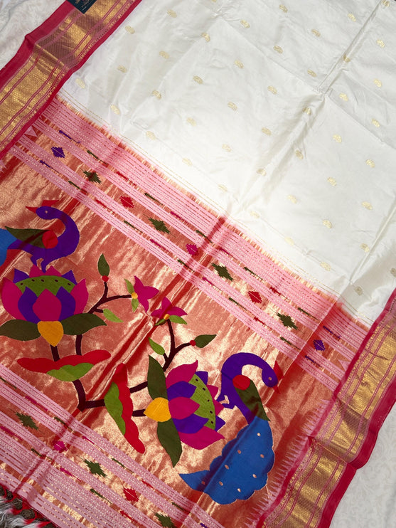 Handwoven Paithani Silk Saree | Ivory Pearl with Red   Border