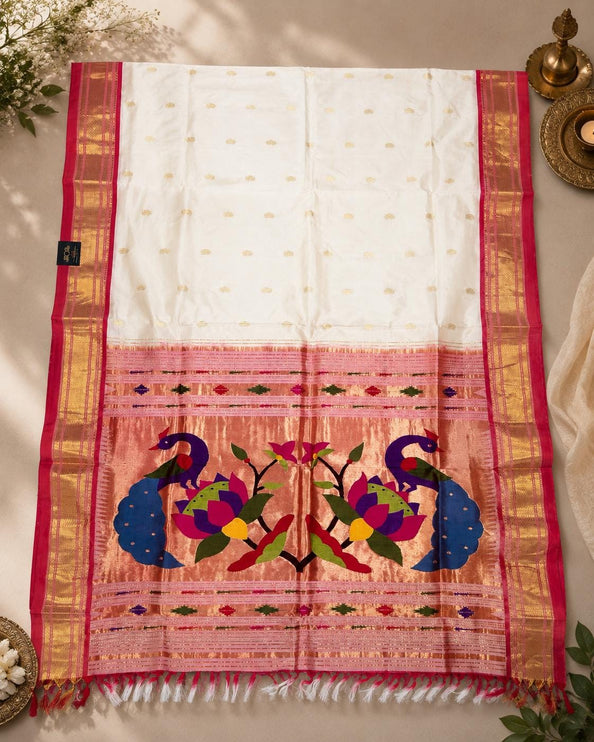 Ivory Pearl Paithani Silk Saree with Red Border - product photo 2