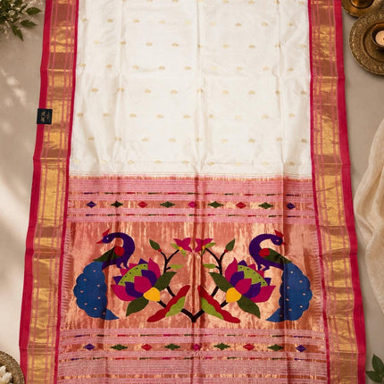 Handwoven Paithani Silk Saree | Ivory Pearl with Red   Border