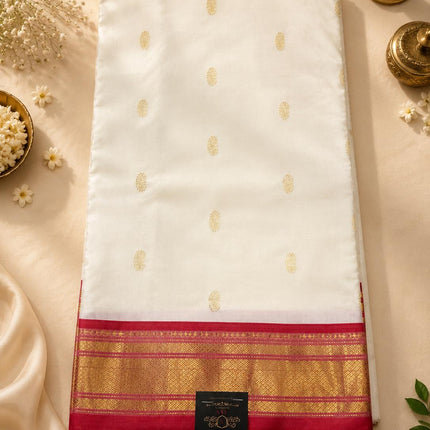 Handwoven Paithani Silk Saree | Ivory Pearl with Red   Border