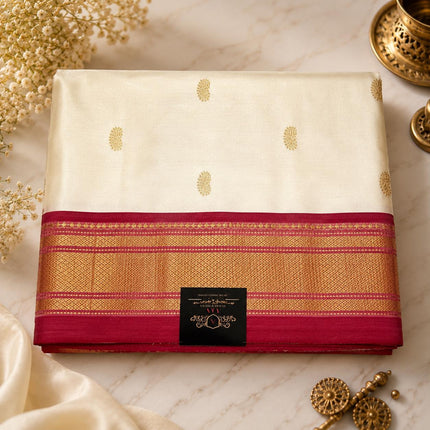 Ivory Pearl Paithani Silk Saree with Red Border - product photo 5