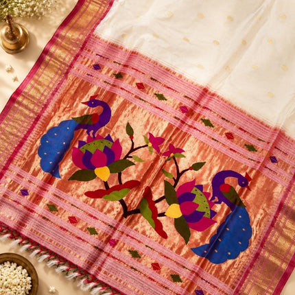 Handwoven Paithani Silk Saree | Ivory Pearl with Red   Border