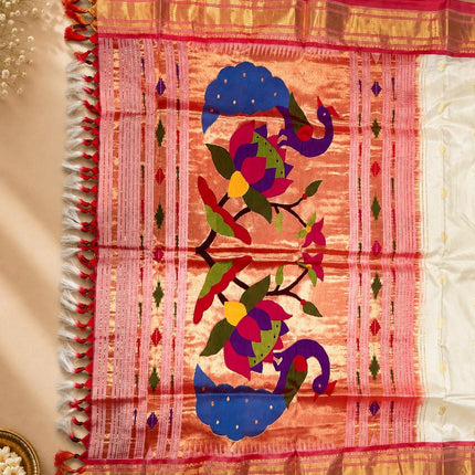 Ivory Pearl Paithani Silk Saree with Red Border - product photo 8