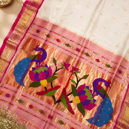 Ivory Pearl Paithani Silk Saree with Red Border - product photo 4