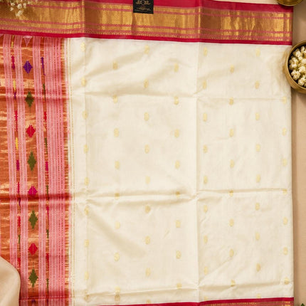 Handwoven Paithani Silk Saree | Ivory Pearl with Red   Border